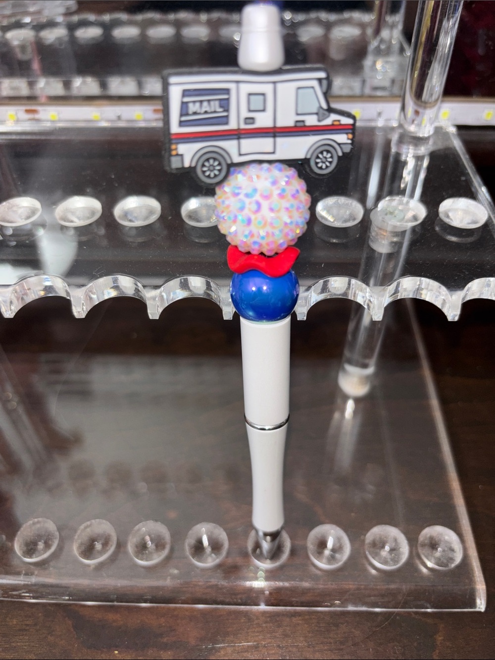 Kids Decorative Ball Top Pen - White with Blue, Red and Iridescent